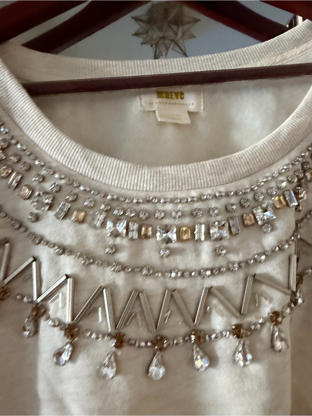 Anthropologie Ivory Jeweled Crewneck Sweatshirt